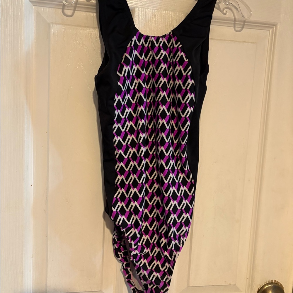 Size M, purple, white and black, gymnastics leotard